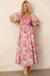 In My Free Time Pink Cotton Patchwork Maxi Dress