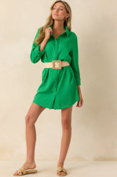 Wild At Heart Kelly Green Linen Blend Mini Shirt Dress